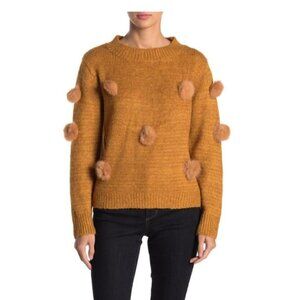 NEW Michelle Nicole L Pullover Sweater Rabbit Fur Pom Poms in Mustard